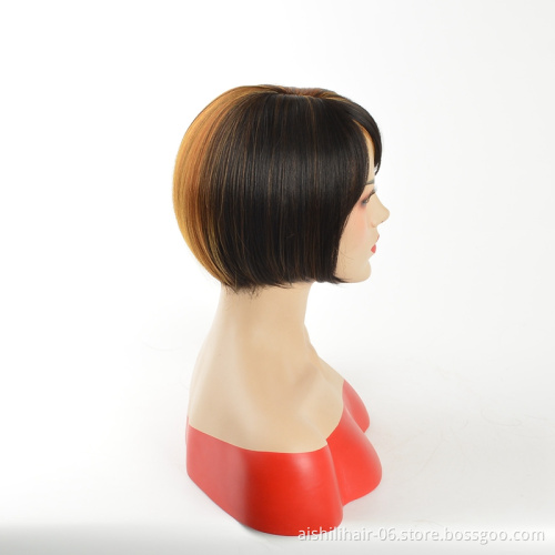 Wholesale Synthetic wigs short Silky straight stitching color gold and brown Wig for mature  fashion women